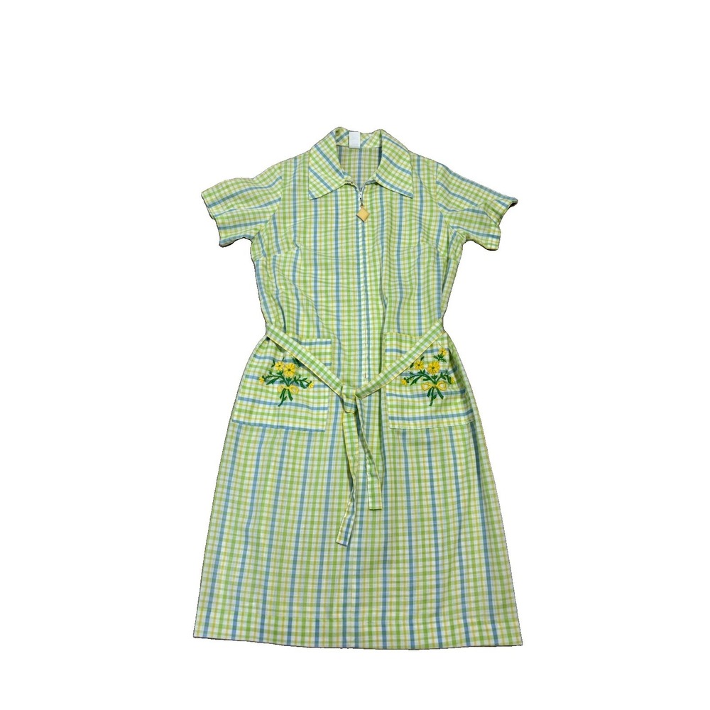 Vintage House Dress Women Size 16.5 Checkered Pastel Full Zip W/Belt Embroidery